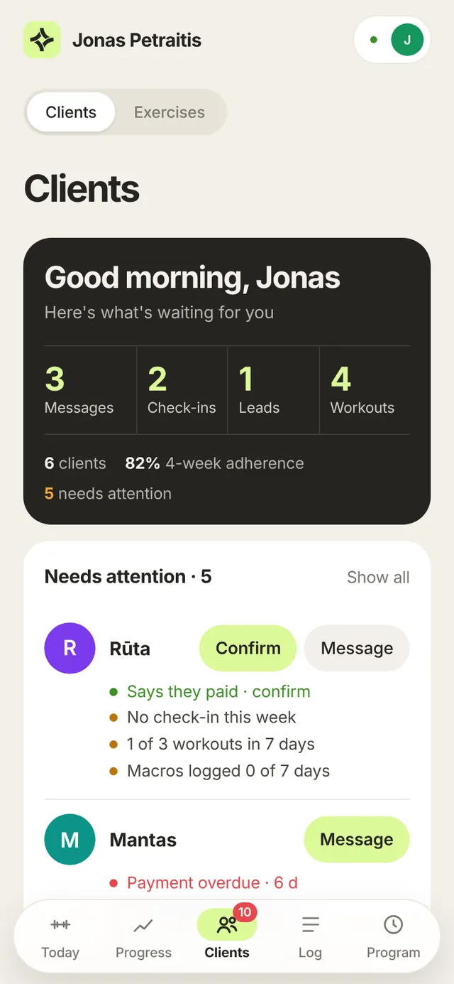 Coach home: messages, check-ins, applications and a Needs attention list with reasons