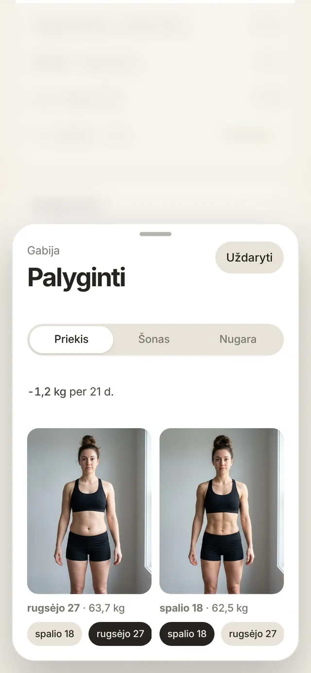 Check-in nuotraukos greta iš dviejų savaičių: priekis, šonas ir nugara