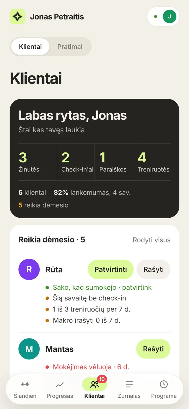 Trenerio pradžia: žinutės, check-in'ai, paraiškos ir sąrašas „Reikia dėmesio“ su priežastimis