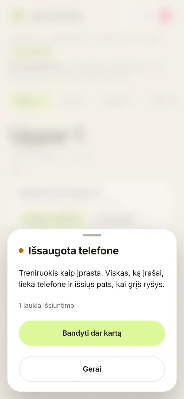 Langas „Išsaugota telefone“: treniruokis toliau, 1 laukia išsiuntimo, „Bandyti dar kartą“