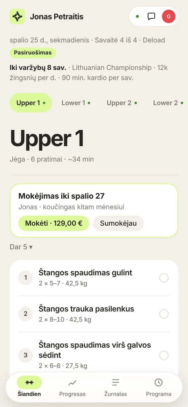 Kliento ekranas: šiandienos treniruotė, fazė, 8 savaitės iki varžybų ir priminimas apie mokėjimą